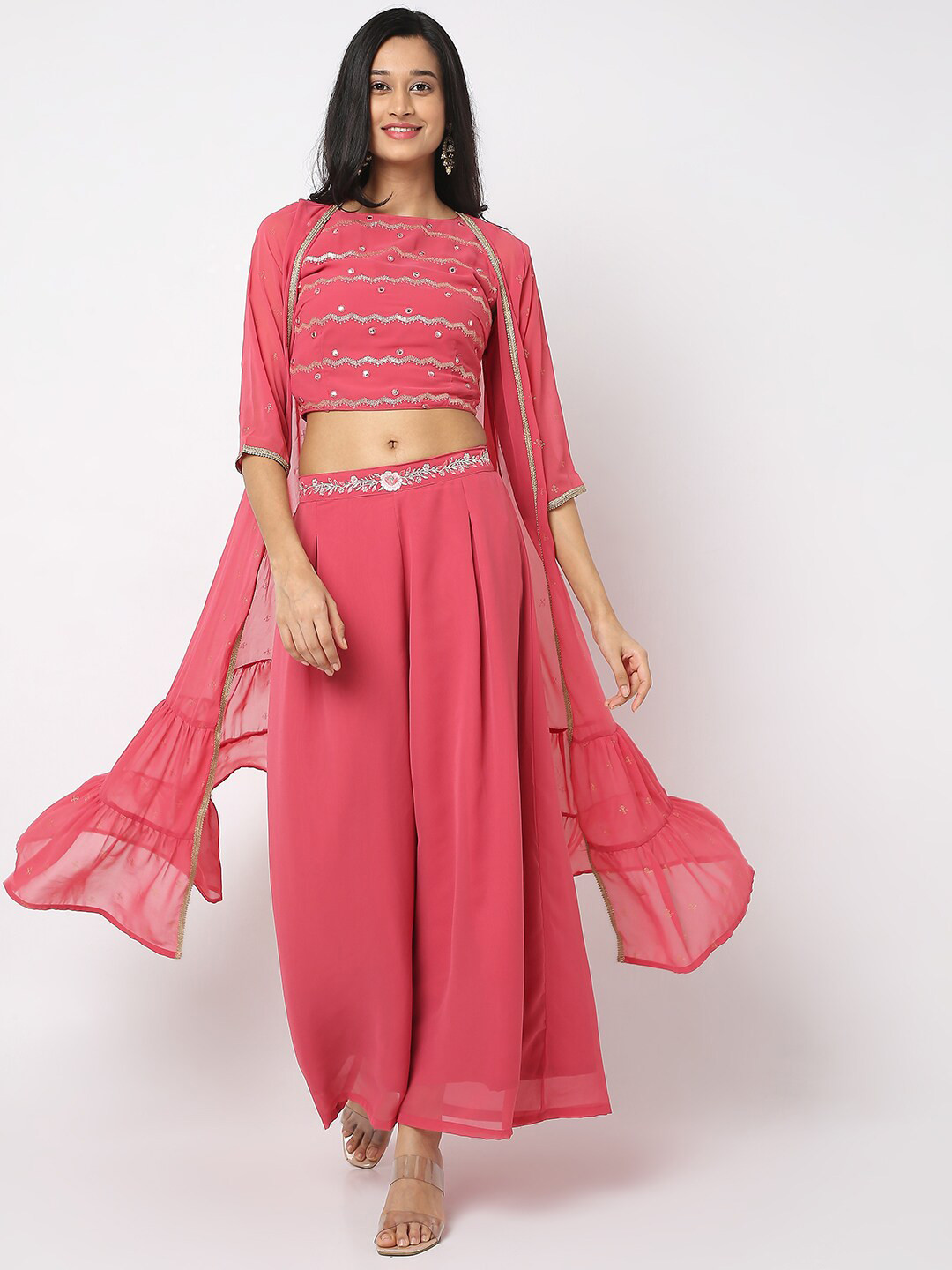 

Ethnicity Women Pink Embroidered Beads And Stones Top With Palazzos