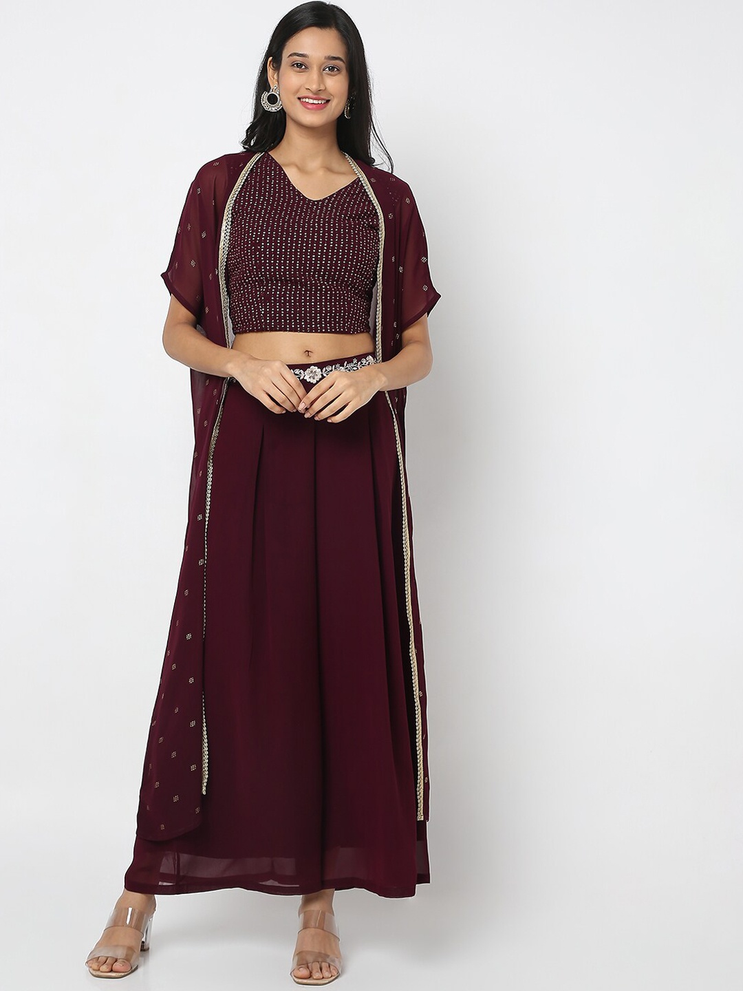 

Ethnicity Women Maroon Top with Palazzos & With Dupatta