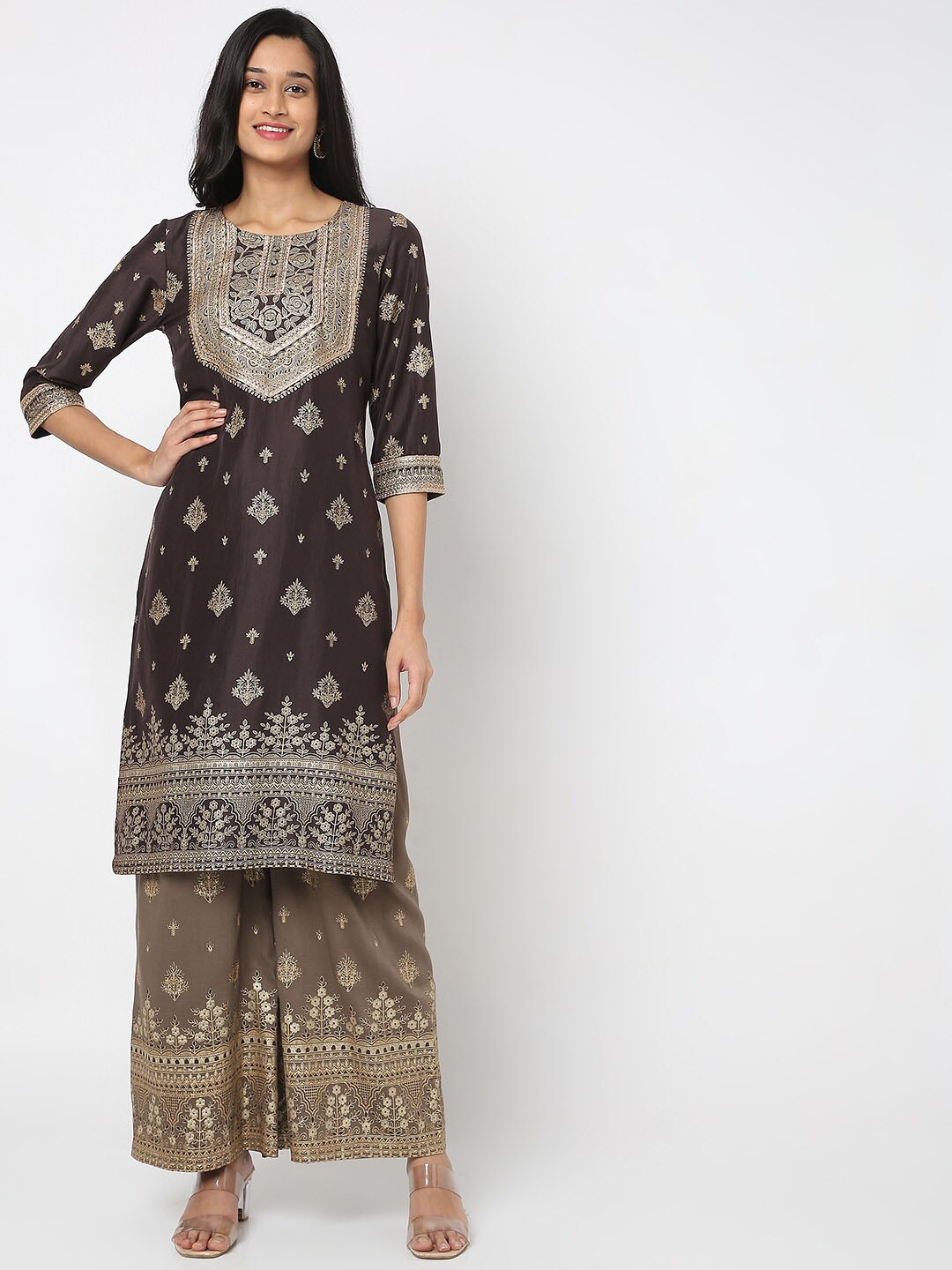 

Ethnicity Women Grey Floral Printed Raw Silk Kurta With Palazzos & With Dupatta