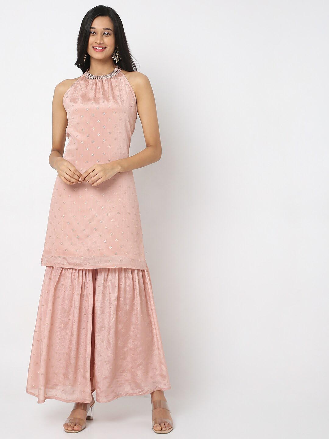 

Ethnicity Women Pink Paisley Thread Work Top With Sharara