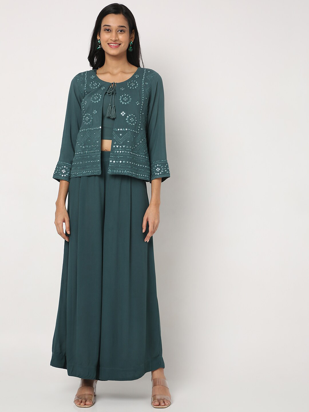 

Ethnicity Women Blue Embroidered Sequinned Top With Palazzos