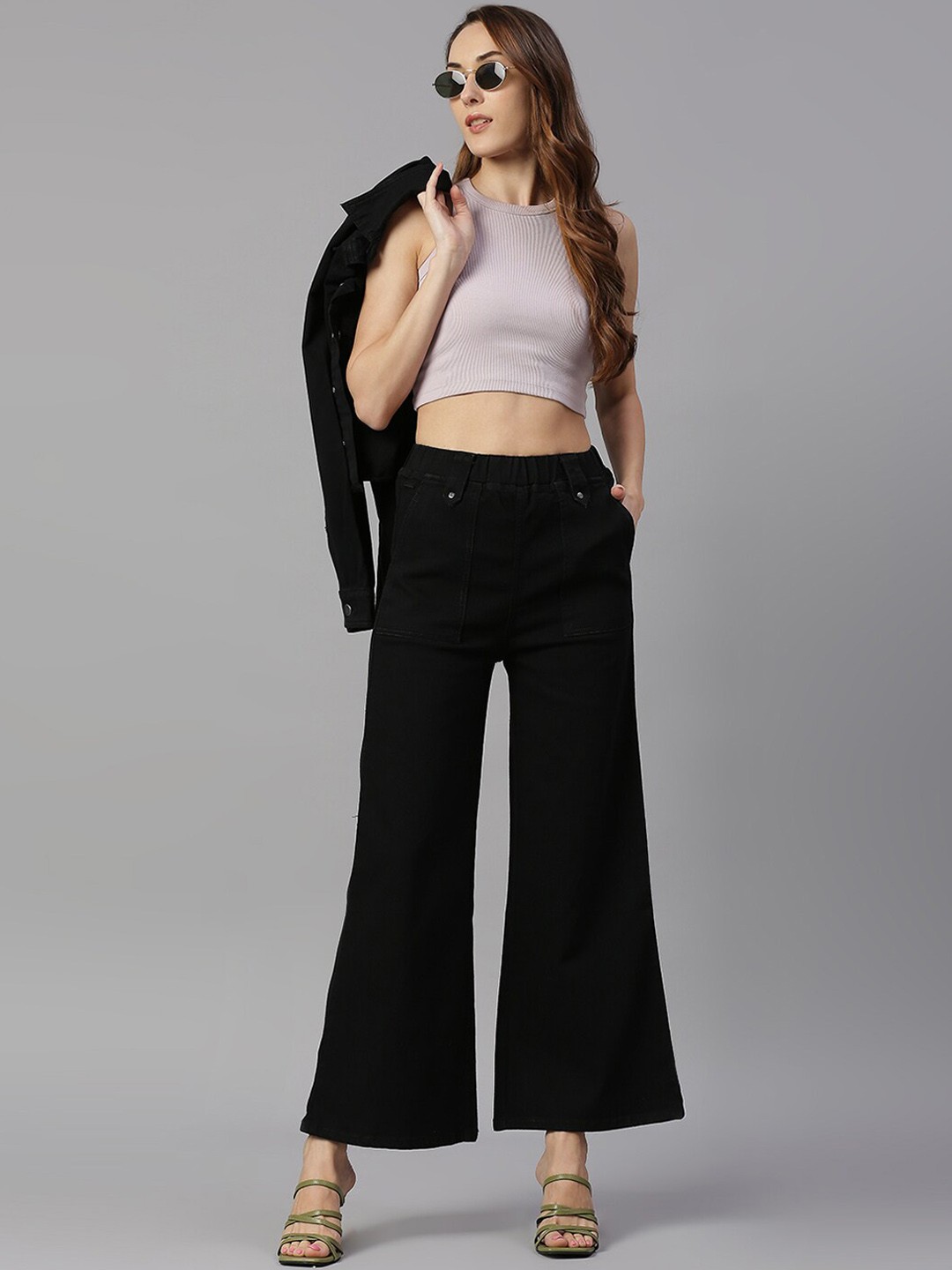 

High Star Women Black Wide Leg High-Rise Clean Look Stretchable Jeans