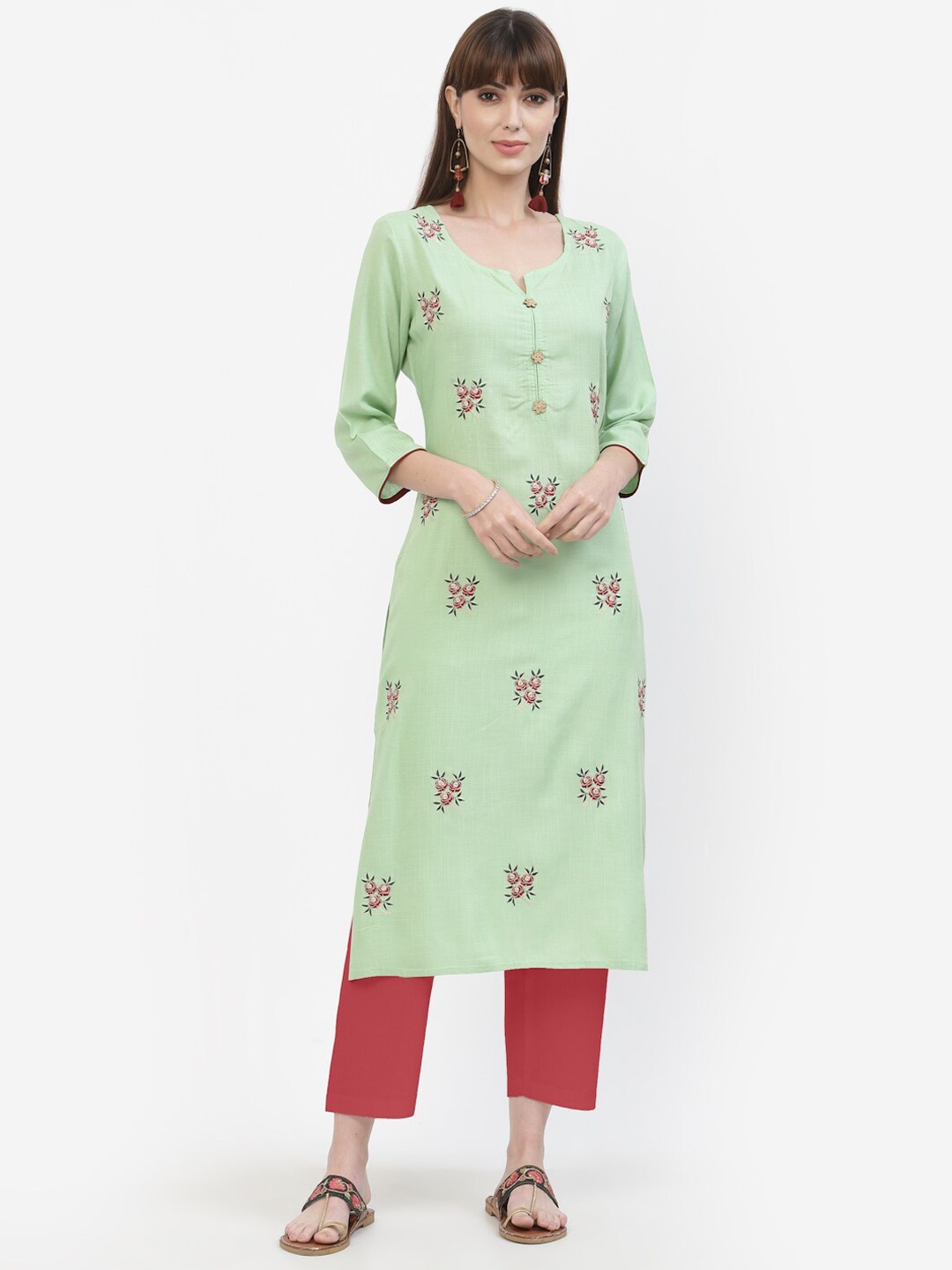 

YELLOW CLOUD Women Green Floral Embroidered Thread Work Kurta