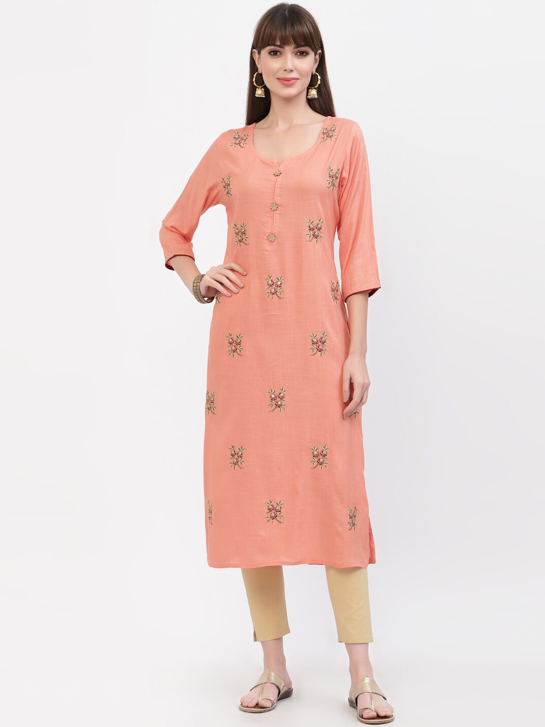 

YELLOW CLOUD Women Peach-Coloured Floral Embroidered Thread Work Kurta