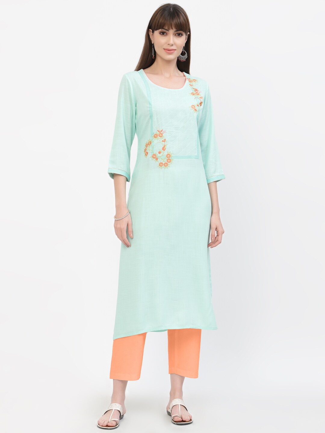 

YELLOW CLOUD Women Green Floral Embroidered Thread Work Kurta