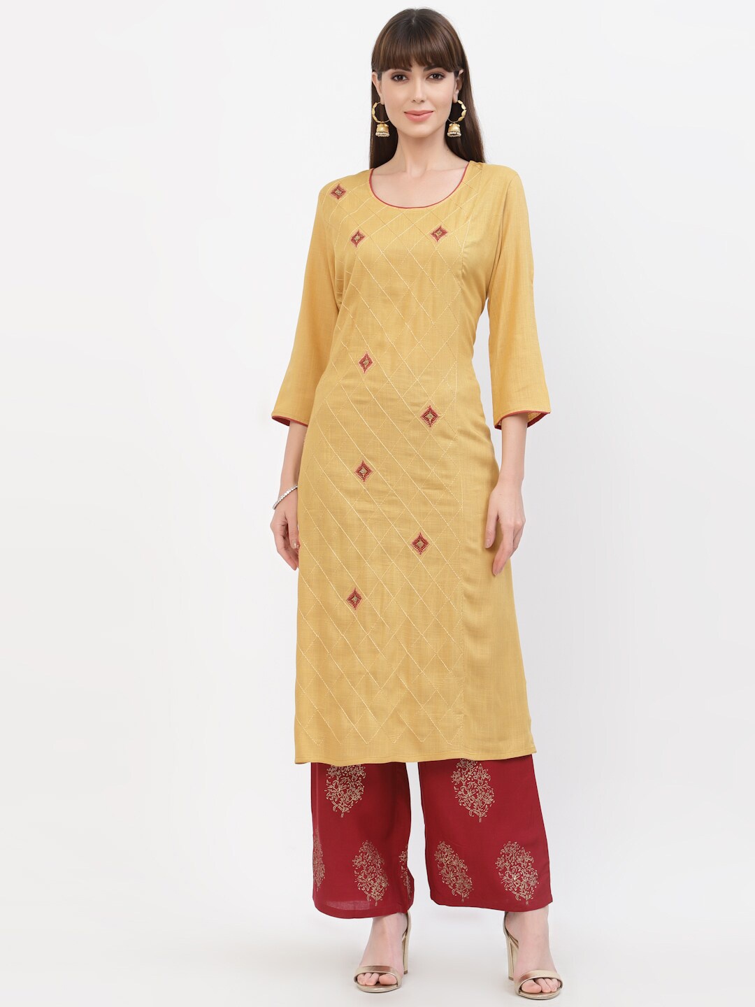 

YELLOW CLOUD Women Beige & Red Ethnic Motifs Embroidered Kurta with Palazzos