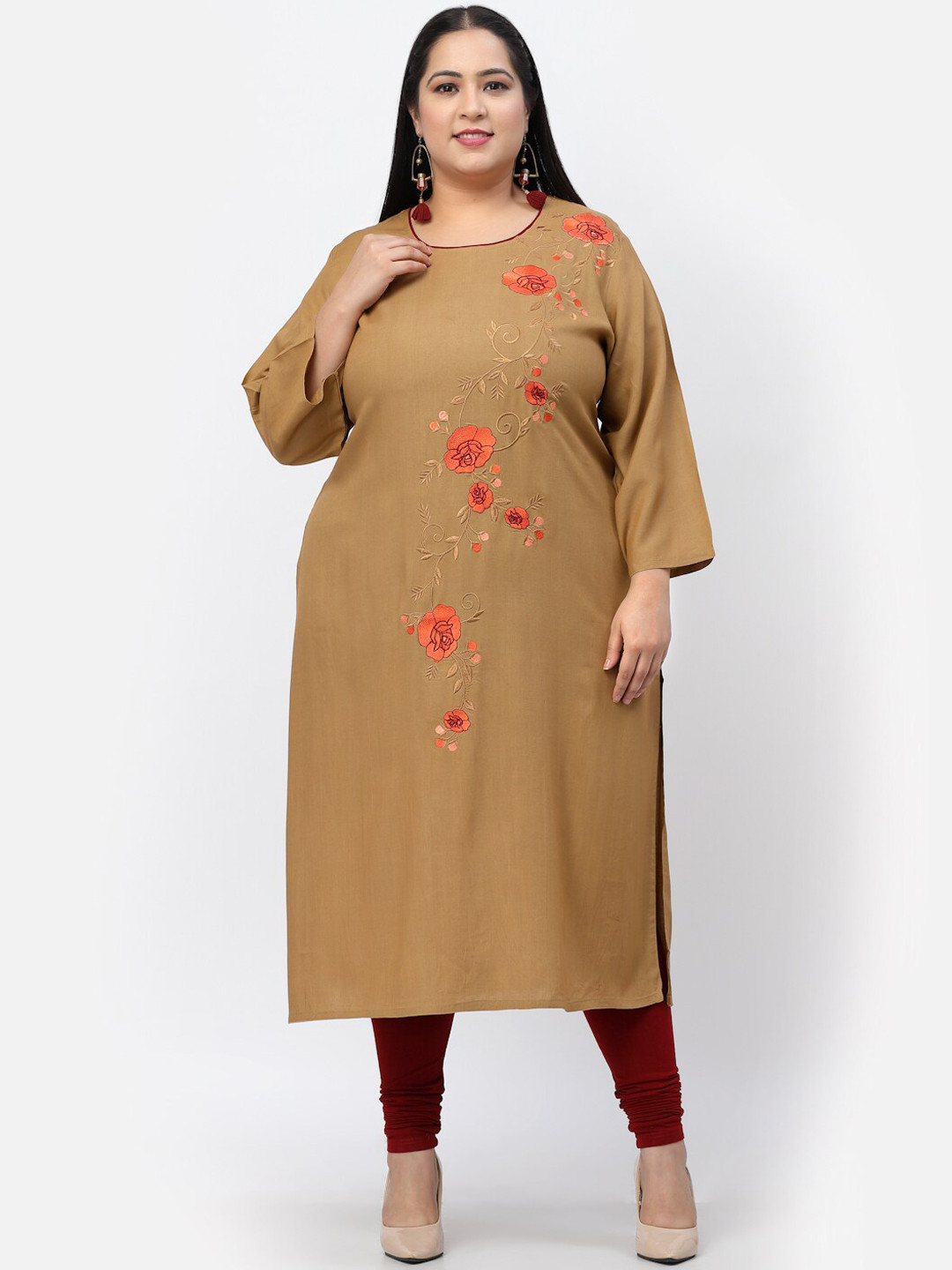 

YELLOW CLOUD Women Brown Floral Embroidered Thread Work Straight Fit Kurta