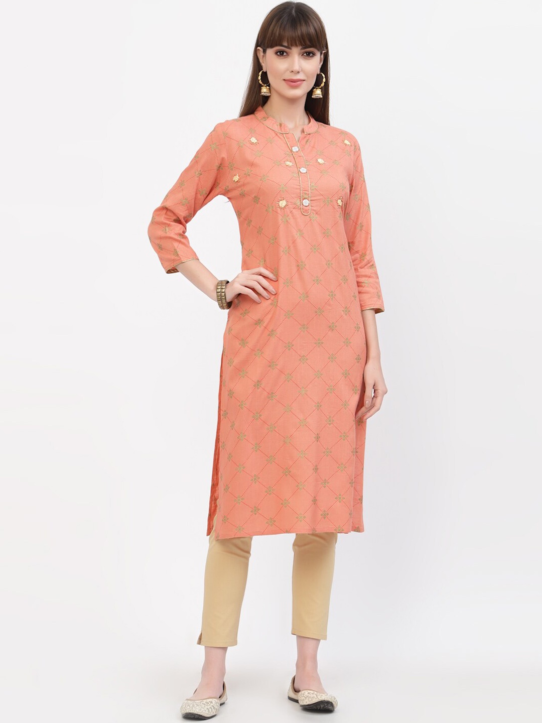 

YELLOW CLOUD Women Peach-Coloured Geometric Checked Cold-Shoulder Sleeves Kurta