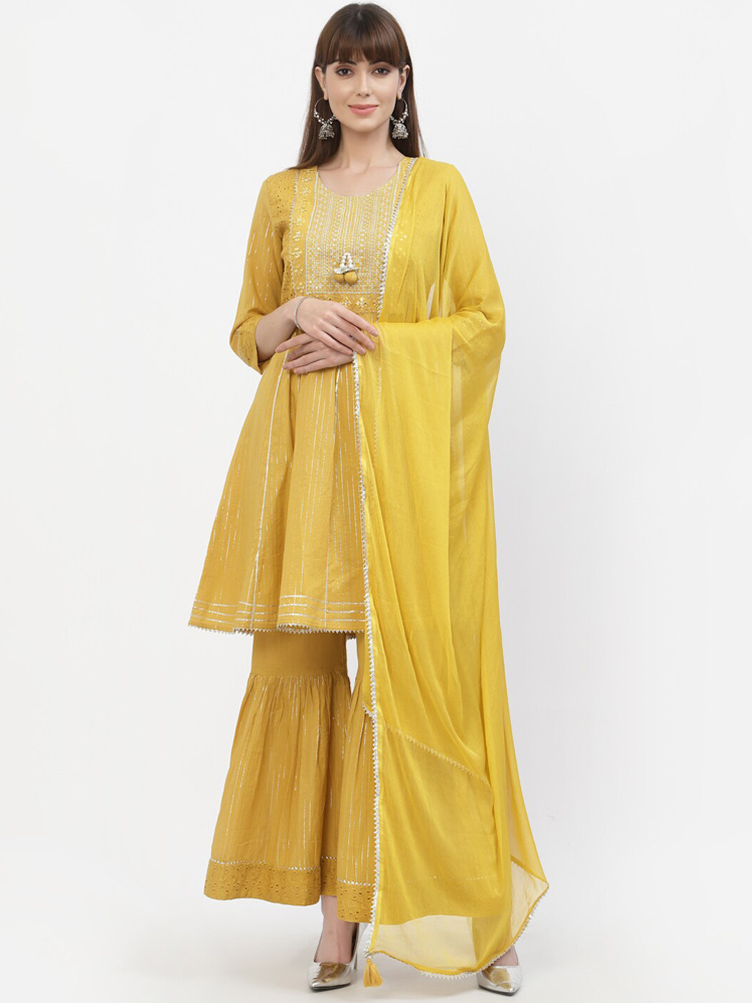 

YELLOW CLOUD Women Mustard Yellow Ethnic Motifs Embroidered Pure Cotton Kurta with Sharara