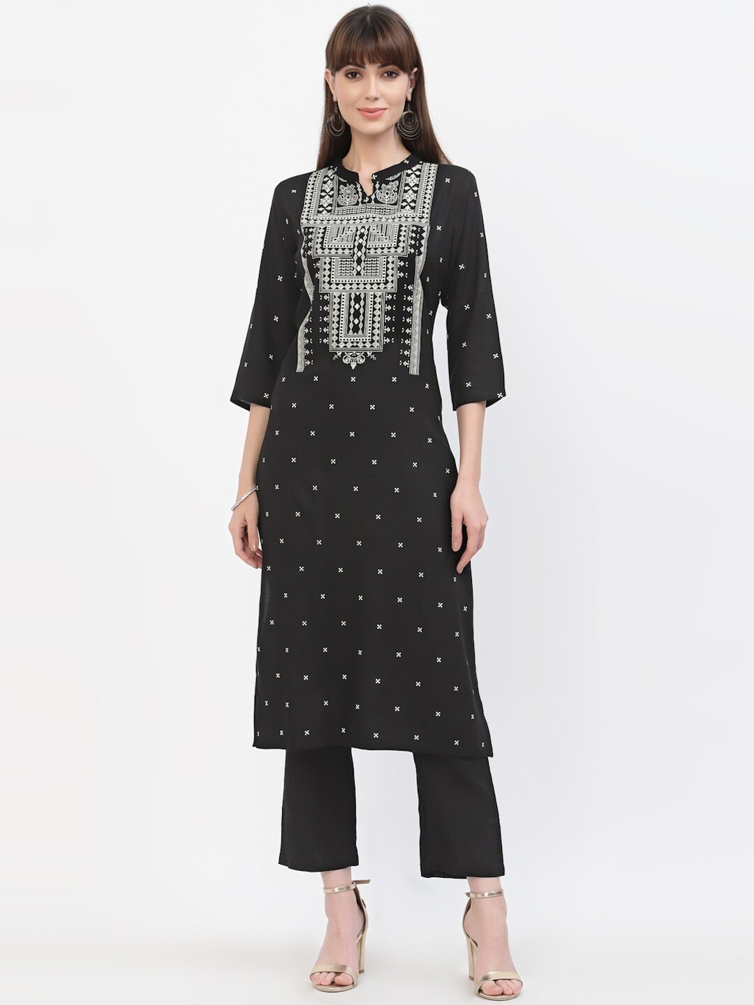 

YELLOW CLOUD Women Black Geometric Printed Straight Fit Kurta