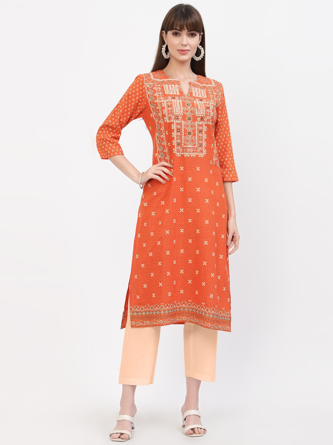 

YELLOW CLOUD Women Orange Ethnic Motifs Printed Mirror Work Straight Fit Cotton Kurta