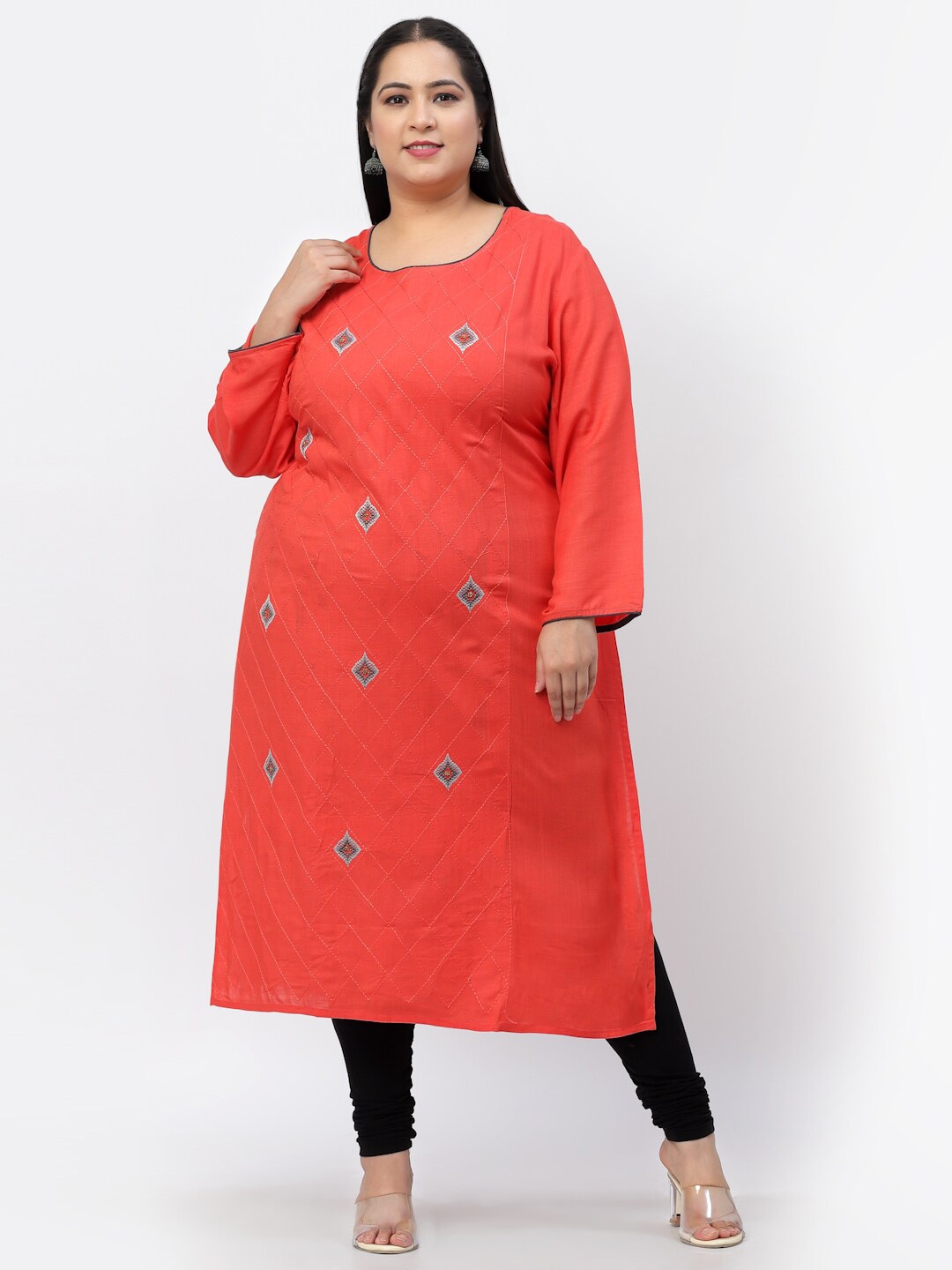 

YELLOW CLOUD Women Red Geometric Embroidered Thread Work Straight Fit Kurta