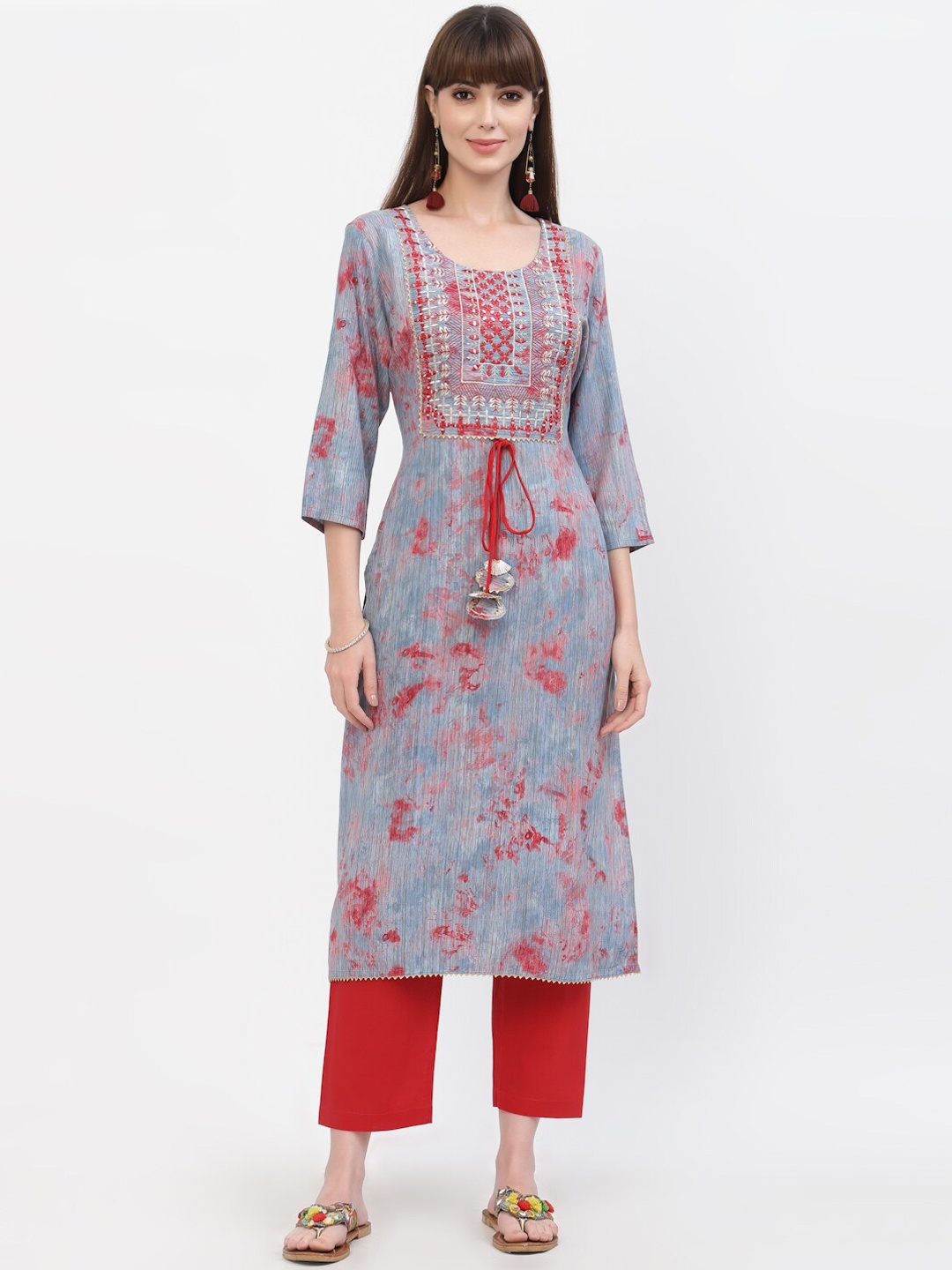 

YELLOW CLOUD Women Blue Printed Mirror Work Straight Fit Kurta