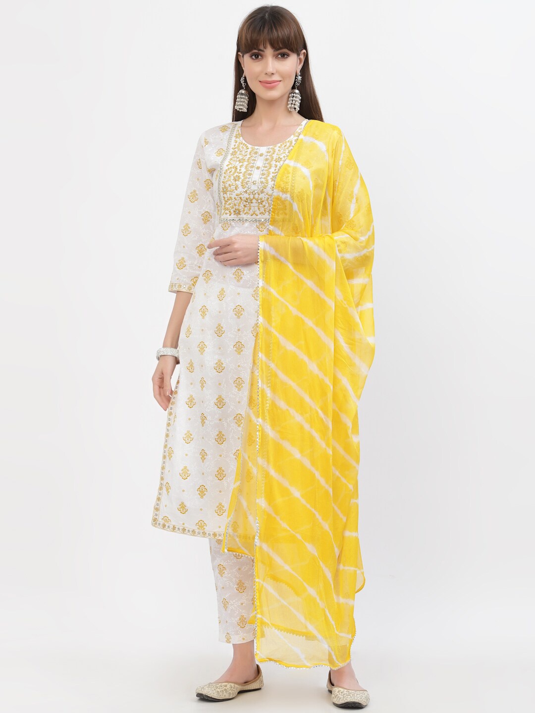 

YELLOW CLOUD Women Off White & yellow Embroidered Pure Cotton Kurta with Trousers
