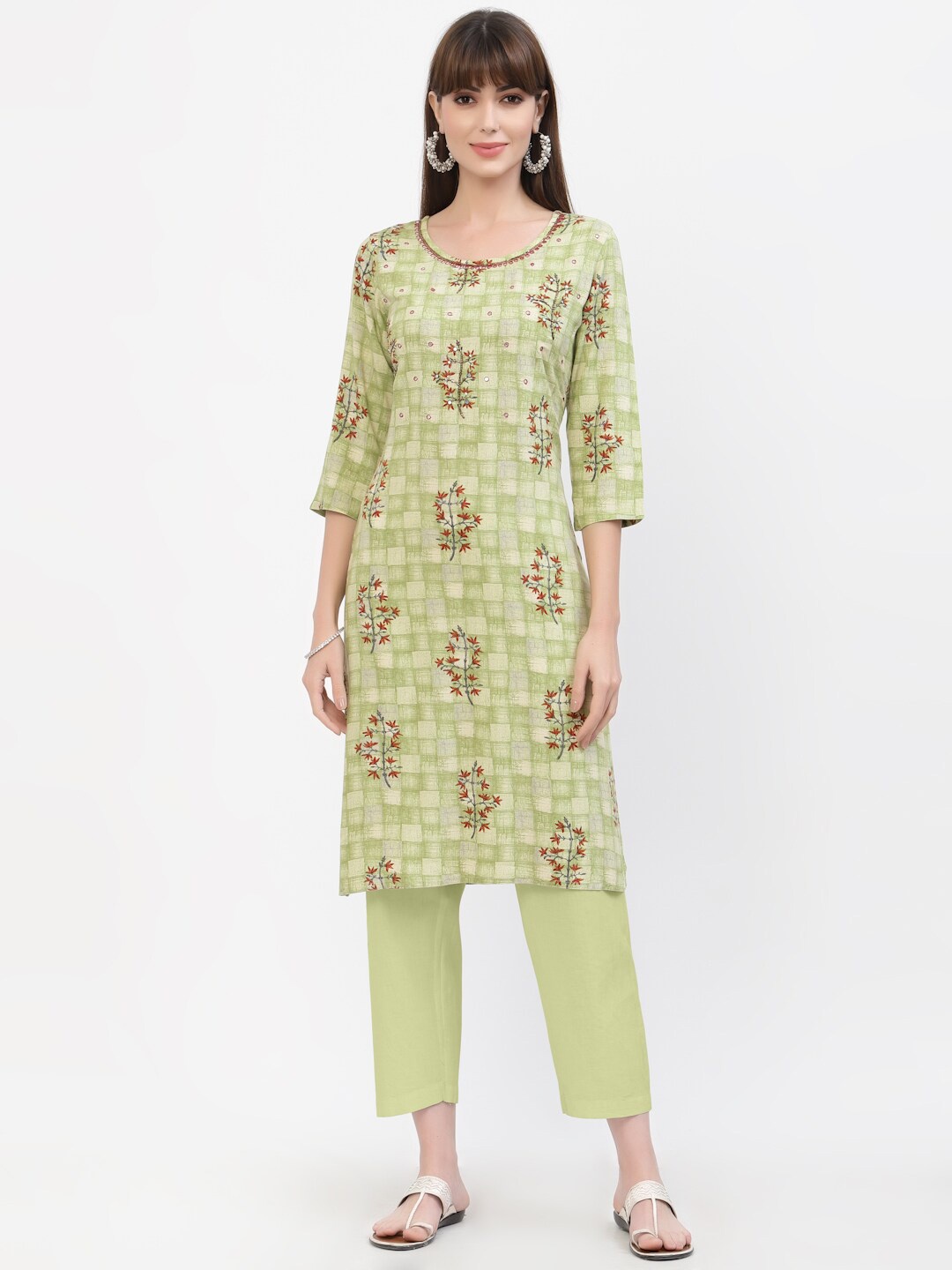 

YELLOW CLOUD Women Green & Maroon Checked Kurta