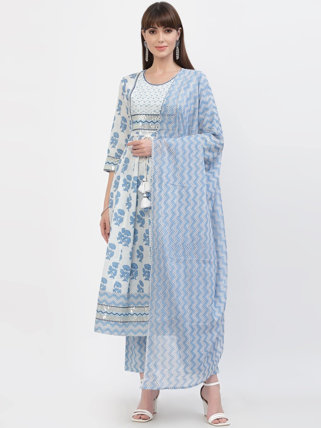 

YELLOW CLOUD Women Blue Printed Pure Cotton Kurta with Trousers & With Dupatta