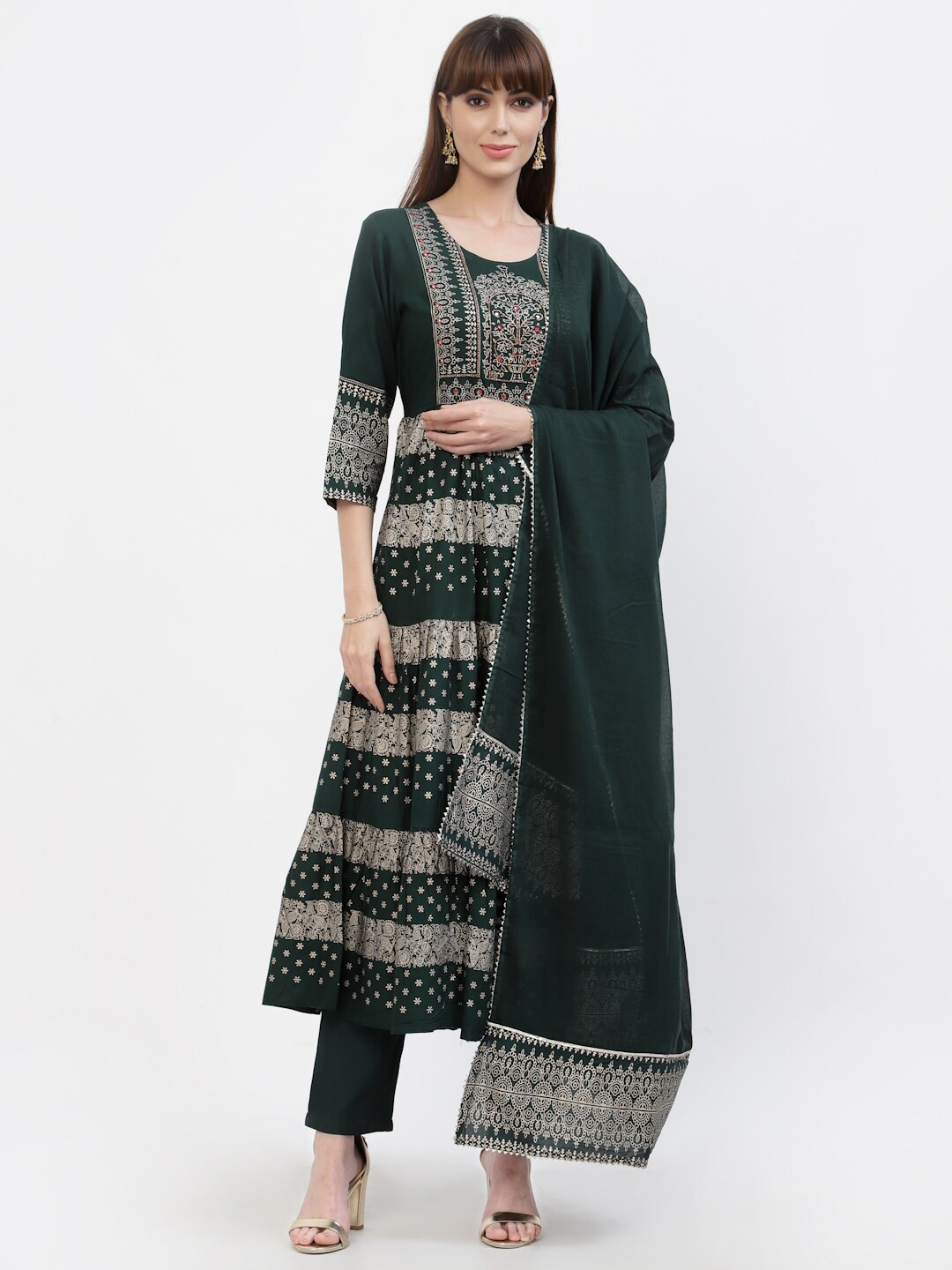 

YELLOW CLOUD Women Green Ethnic Motifs Printed Kurta with Trousers & With Dupatta