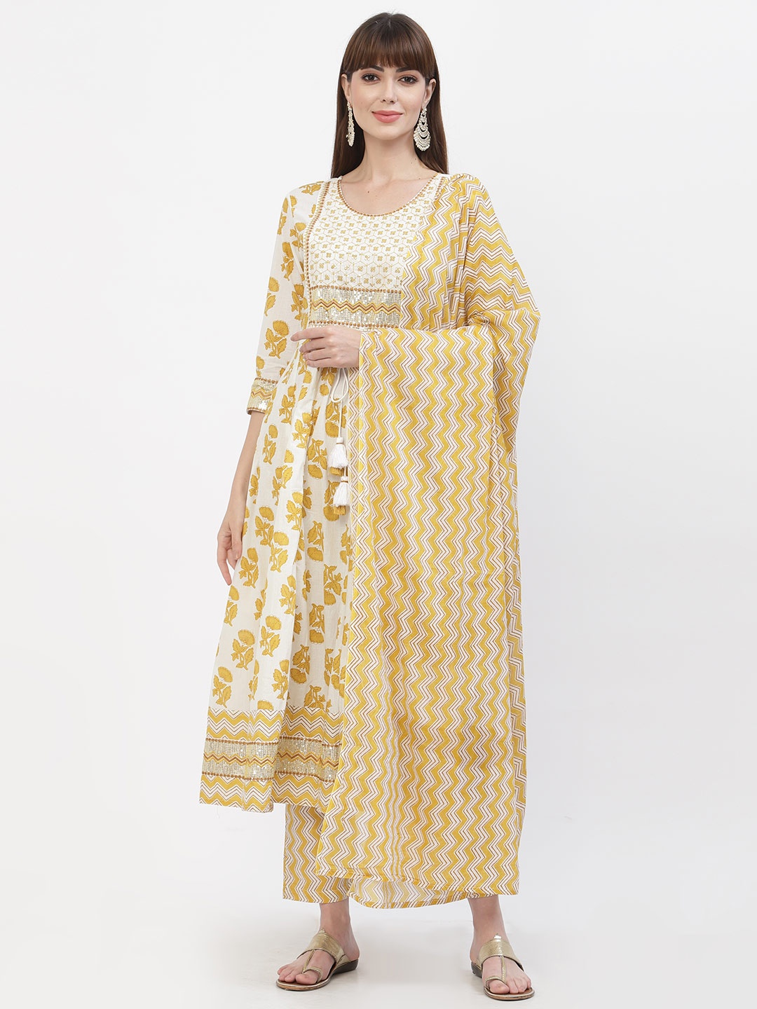 

YELLOW CLOUD Women Mustard Yellow & White Pure Cotton Kurta with Trousers & With Dupatta