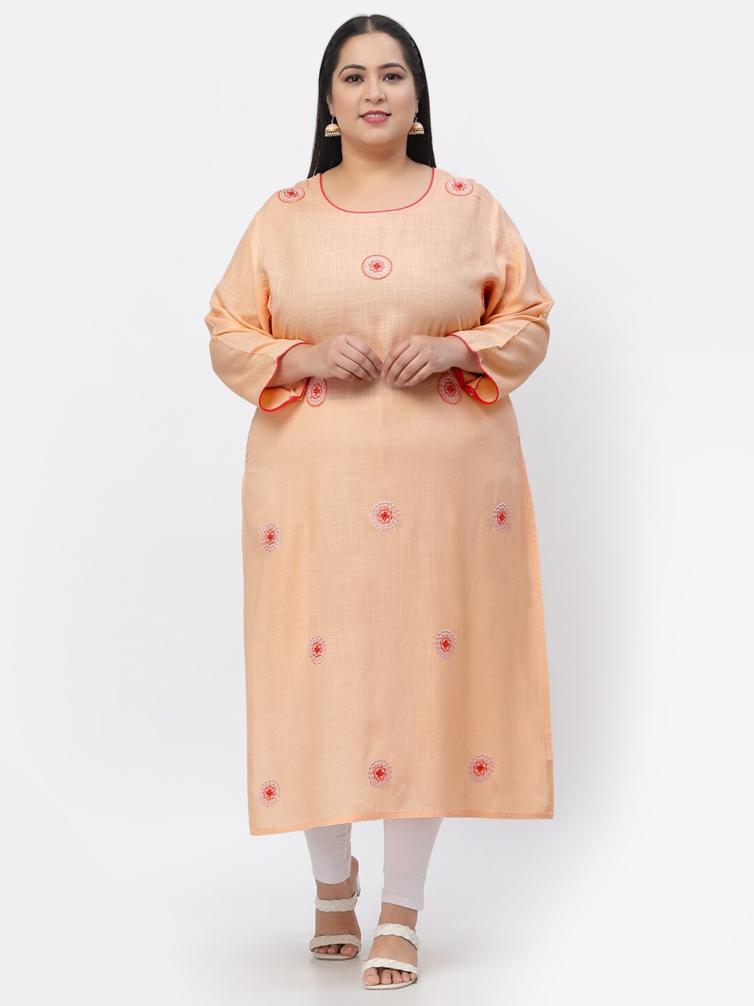 

YELLOW CLOUD Women Plus Size Orange & Pink Ethnic Motifs Embroidered Flared Sleeves Kurta