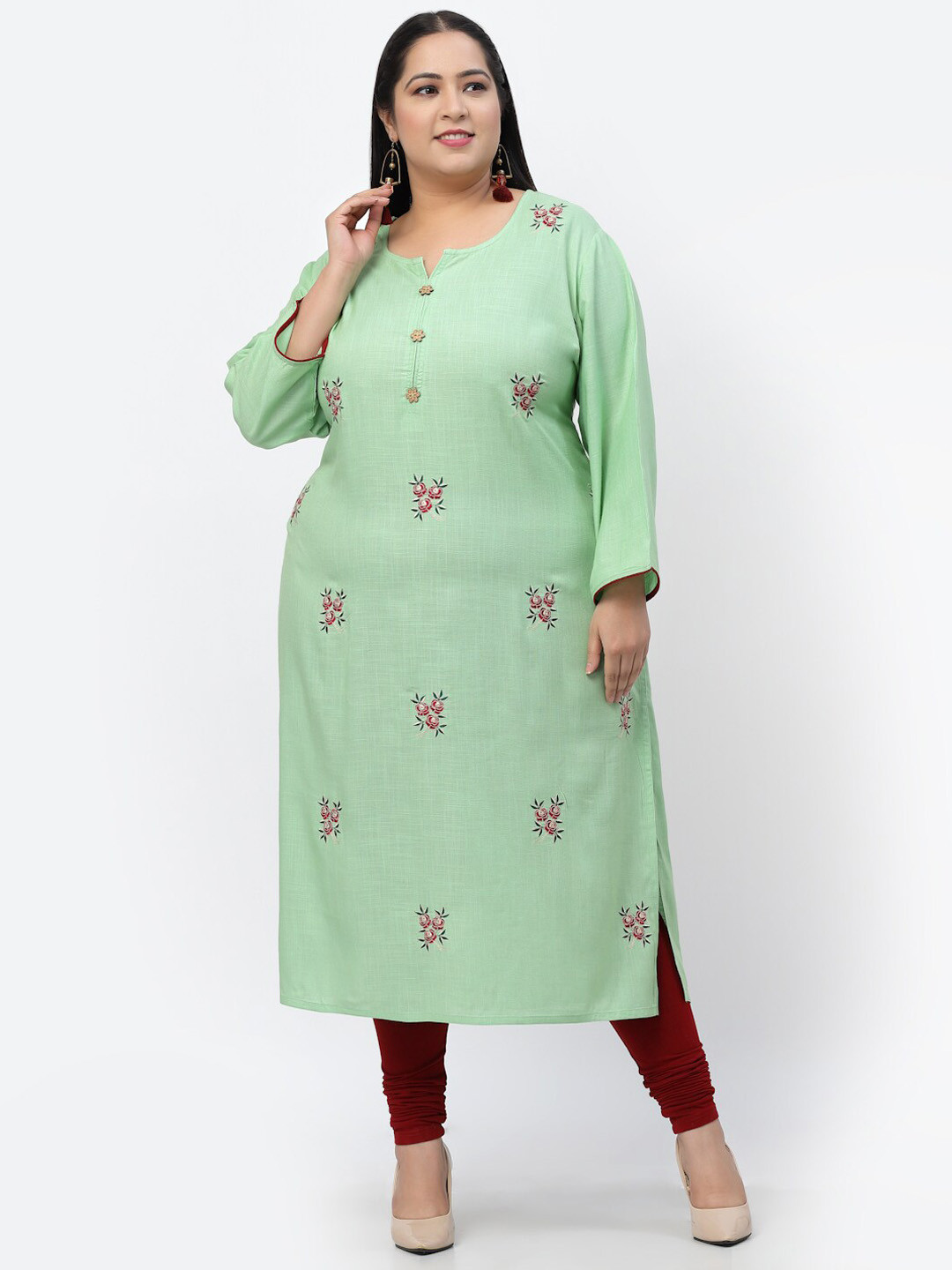

YELLOW CLOUD Women Plus Size Green & Maroon Floral Embroidered Kurta