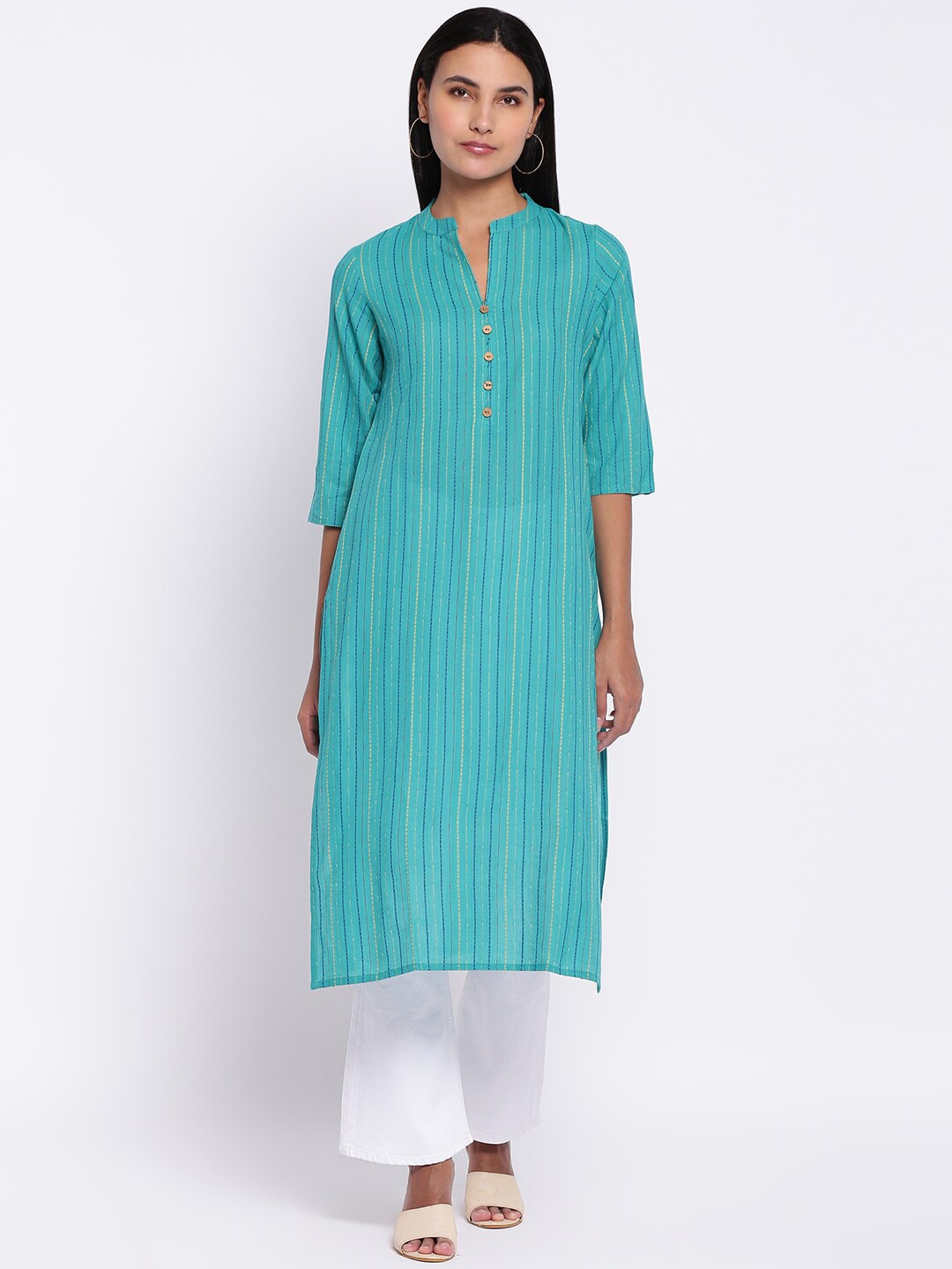 

abof Women Blue Striped Thread Work Kurta