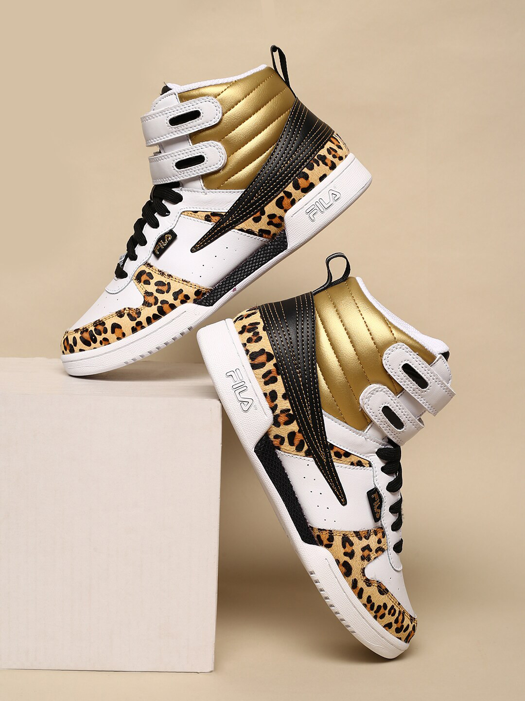 

FILA Women White & Gold High-Top Basketball Non-Marking Leopard Print Shoes
