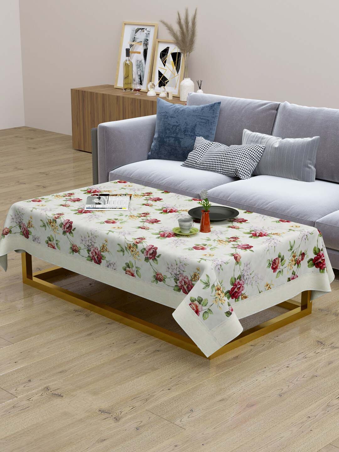

Clasiko Off White & Red Floral Printed Plastic Table Cover