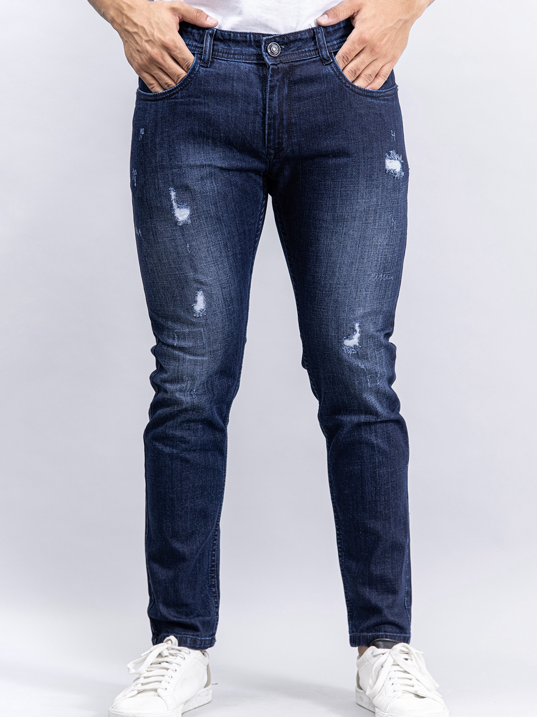 

Tistabene Men Navy Blue Comfort Slim Fit Mildly Distressed Light Fade Stretchable Jeans
