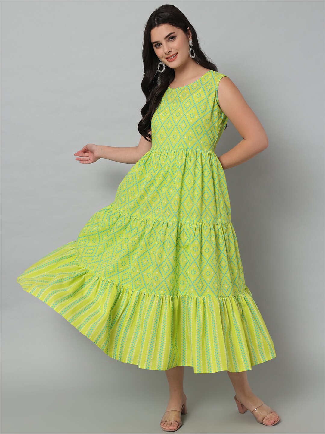 

HELLO DESIGN Lime Green & Blue Ethnic Motifs Cotton A-Line Midi Dress