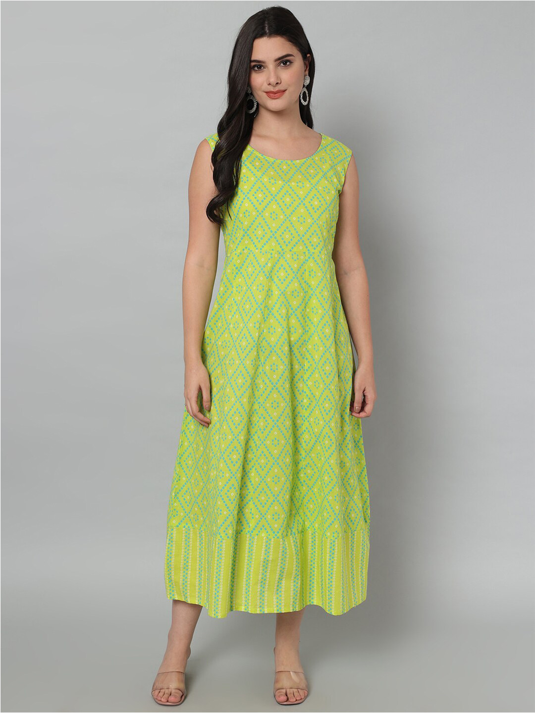 

HELLO DESIGN Lime Green & Blue Ethnic Motifs Cotton A-Line Midi Dress