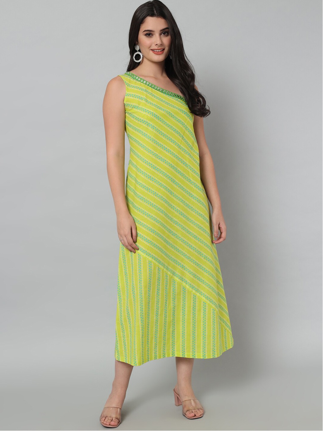 

HELLO DESIGN Lime Green Striped Cotton One Shoulder A-Line Midi Dress