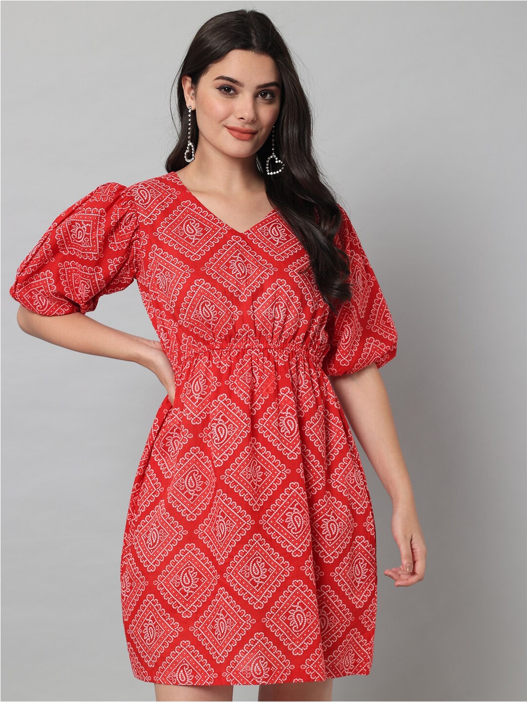 

HELLO DESIGN Red Ethnic Motifs Cotton Empire Mini Dress