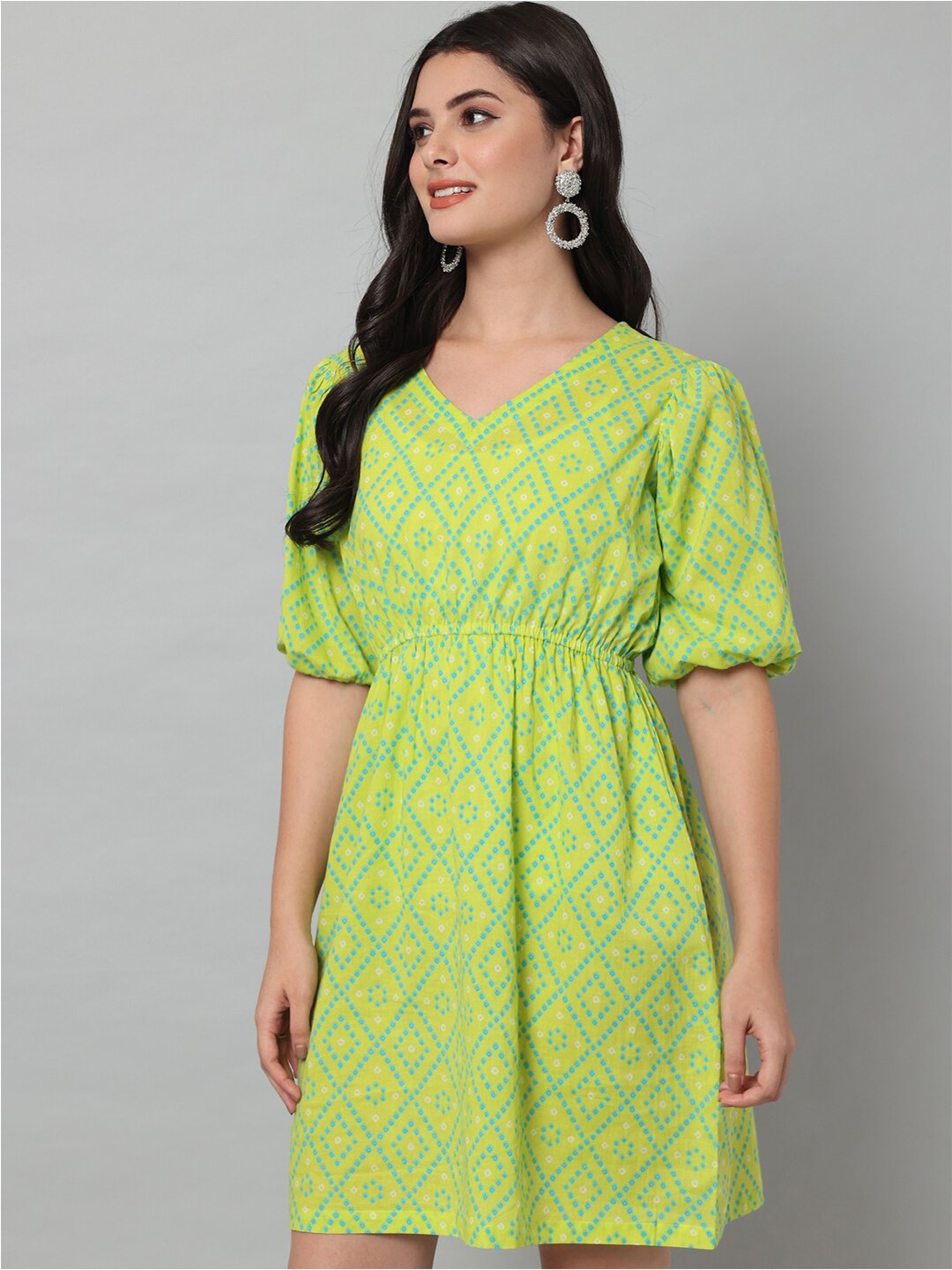 

HELLO DESIGN Lime Green & Blue Cotton A-Line Dress