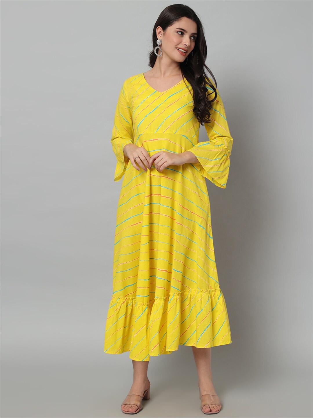 

HELLO DESIGN Yellow Striped Ethnic Cotton A-Line Midi Dress