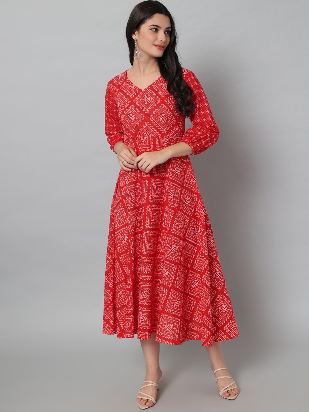 

HELLO DESIGN Red Ethnic Motifs Cotton A-Line Midi Dress