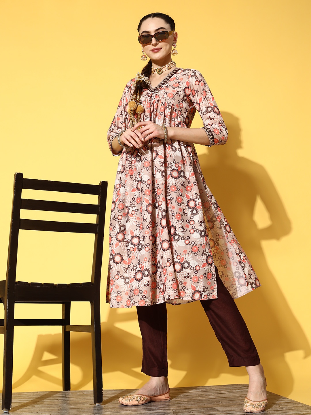 

Inddus Women Brown Floral Printed Pleated Kurta with Trousers