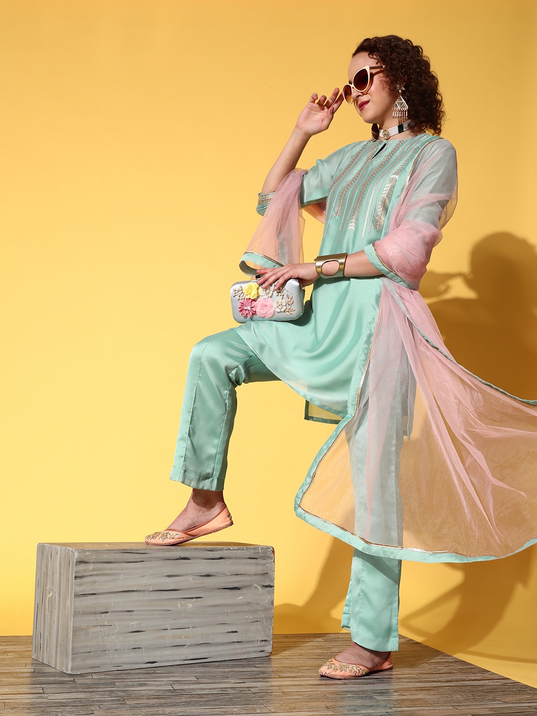

Inddus Women Blue Embroidered Sequinned Kurta with Trousers & With Dupatta