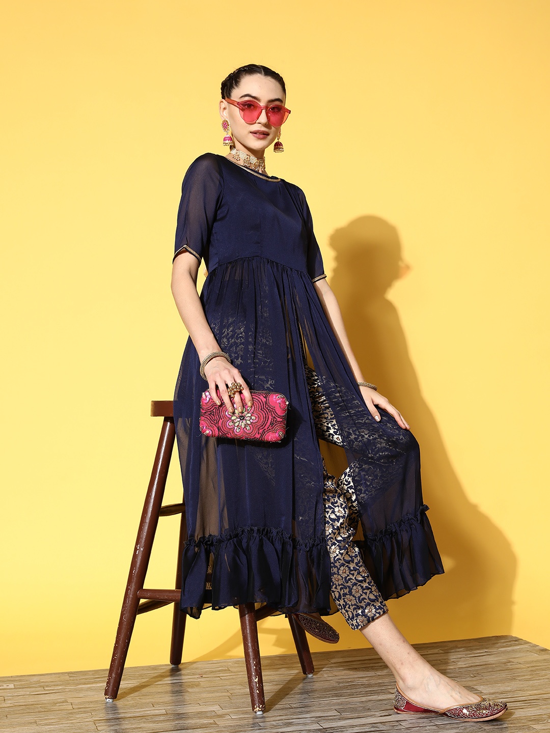 

Inddus Women Navy Blue Floral High Slit Kurta with Trousers