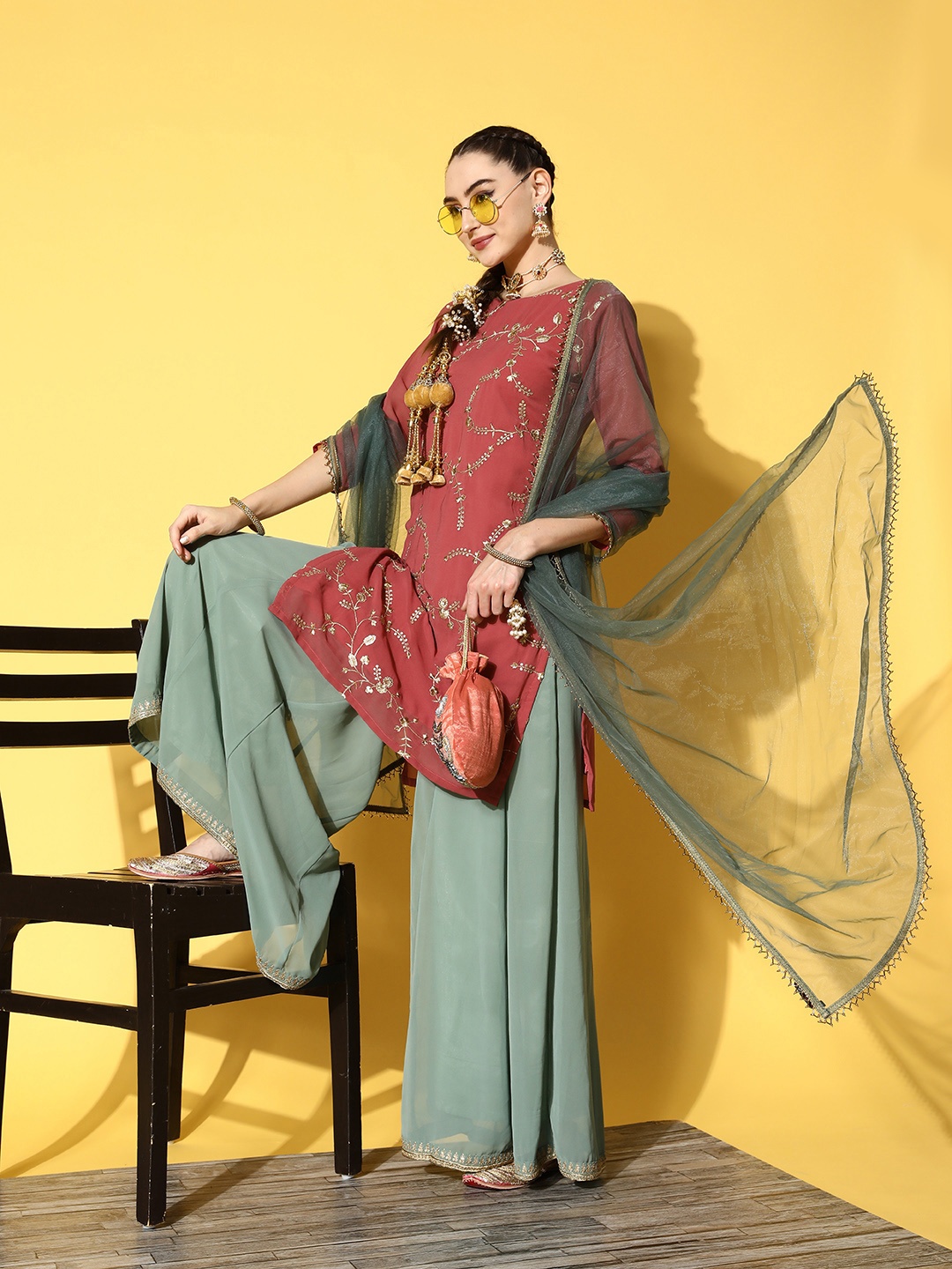 

Inddus Women Pink Floral Embroidered Kurta with Palazzos & With Dupatta