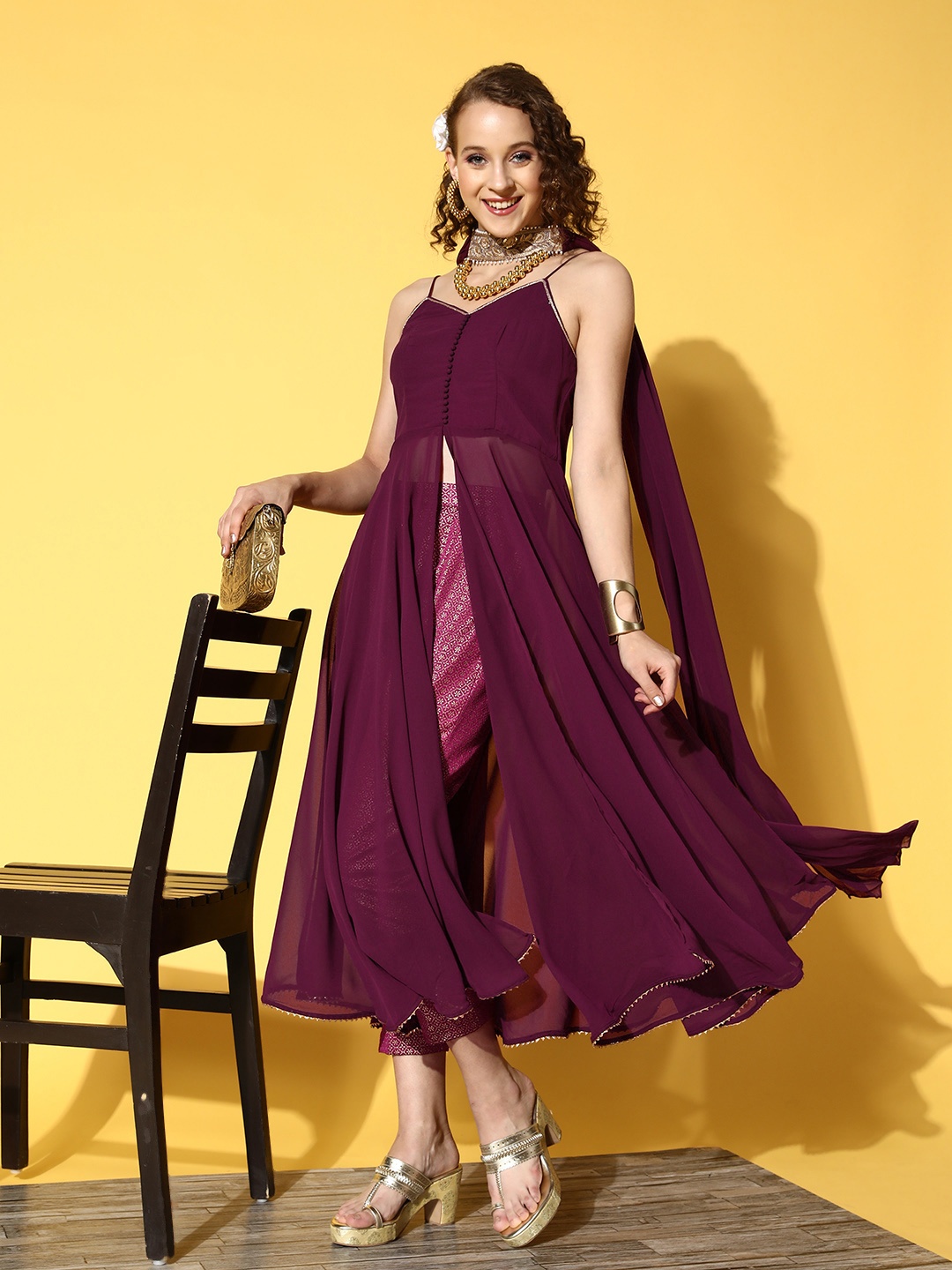 

Inddus Women Mauve High Slit Gotta Patti Kurta with Trousers & With Dupatta