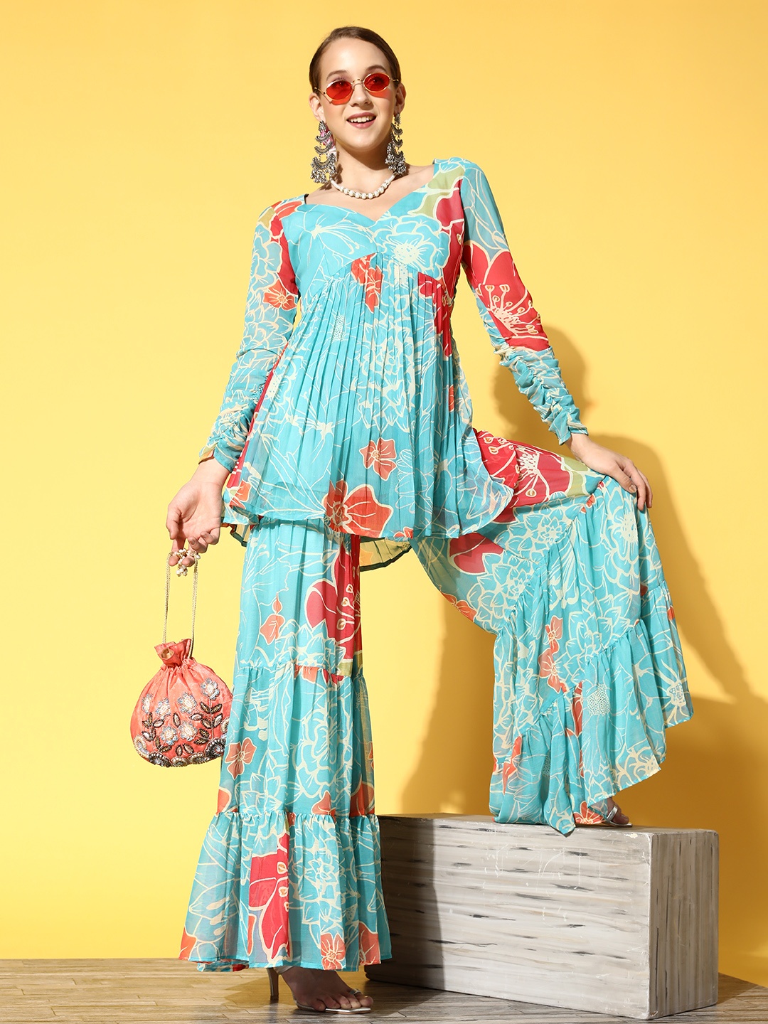 

Inddus Women Sea Green Floral Printed Pleated Kurti with Sharara
