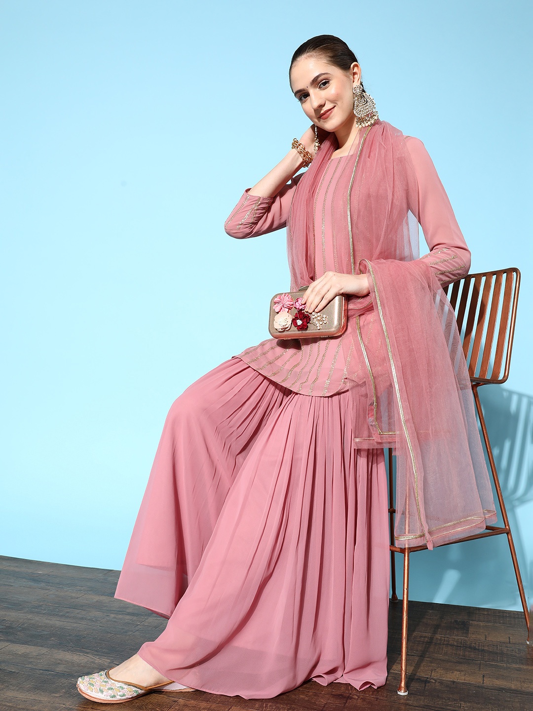 

Inddus Women Pink Embroidered Kurti with Sharara & With Dupatta