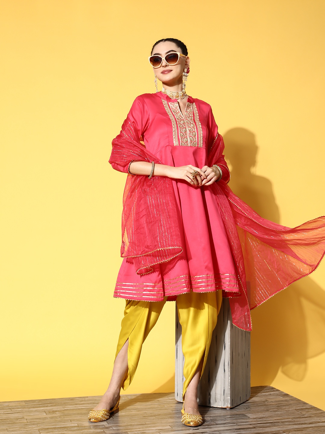 

Inddus Women Pink Embroidered Kurta with Dhoti Pants & With Dupatta