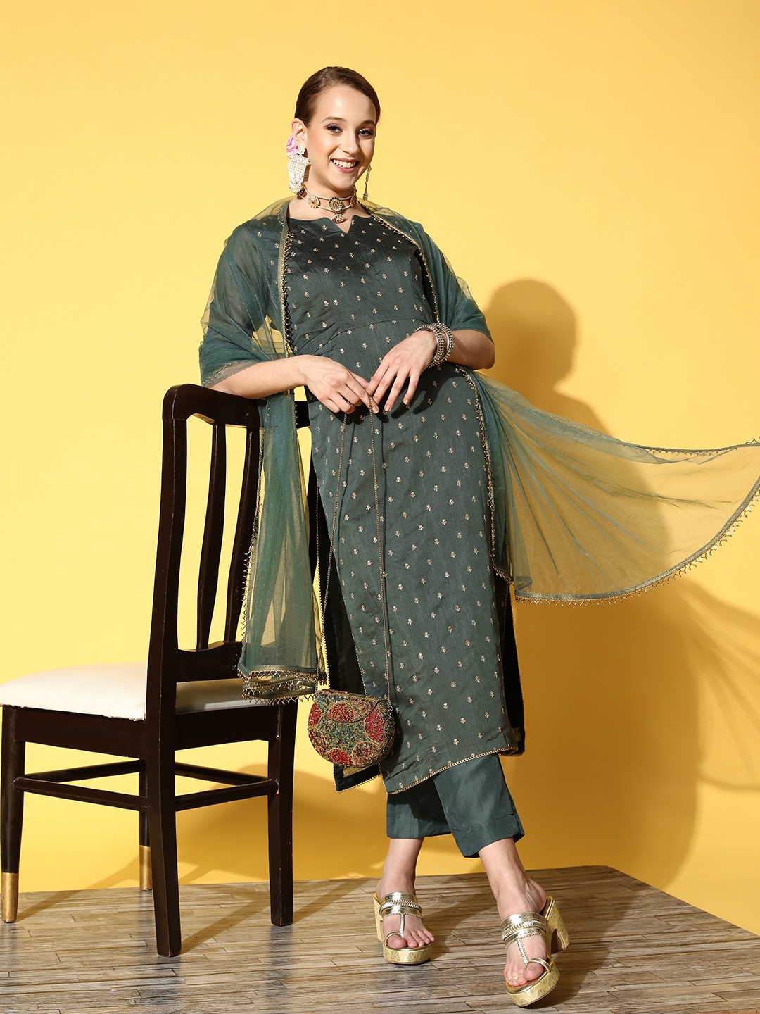 

Inddus Women Green Embroidered Chanderi Cotton Kurta with Trousers & With Dupatta