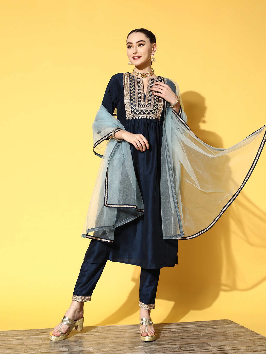 

Inddus Women Navy Blue Yoke Design Pleated Kurta with Trousers & With Dupatta