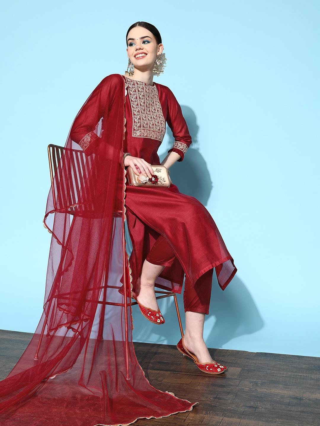 

Inddus Women Maroon Ethnic Motifs Chanderi Cotton Kurta with Trousers & Dupatta