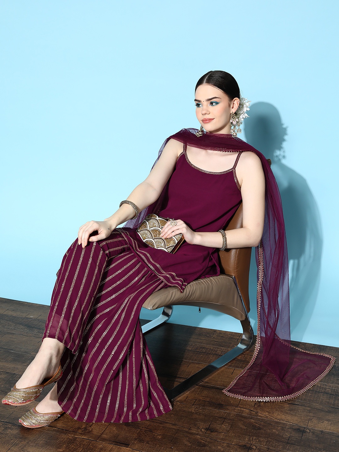 

Inddus Women Purple Kurta with Sharara & With Dupatta