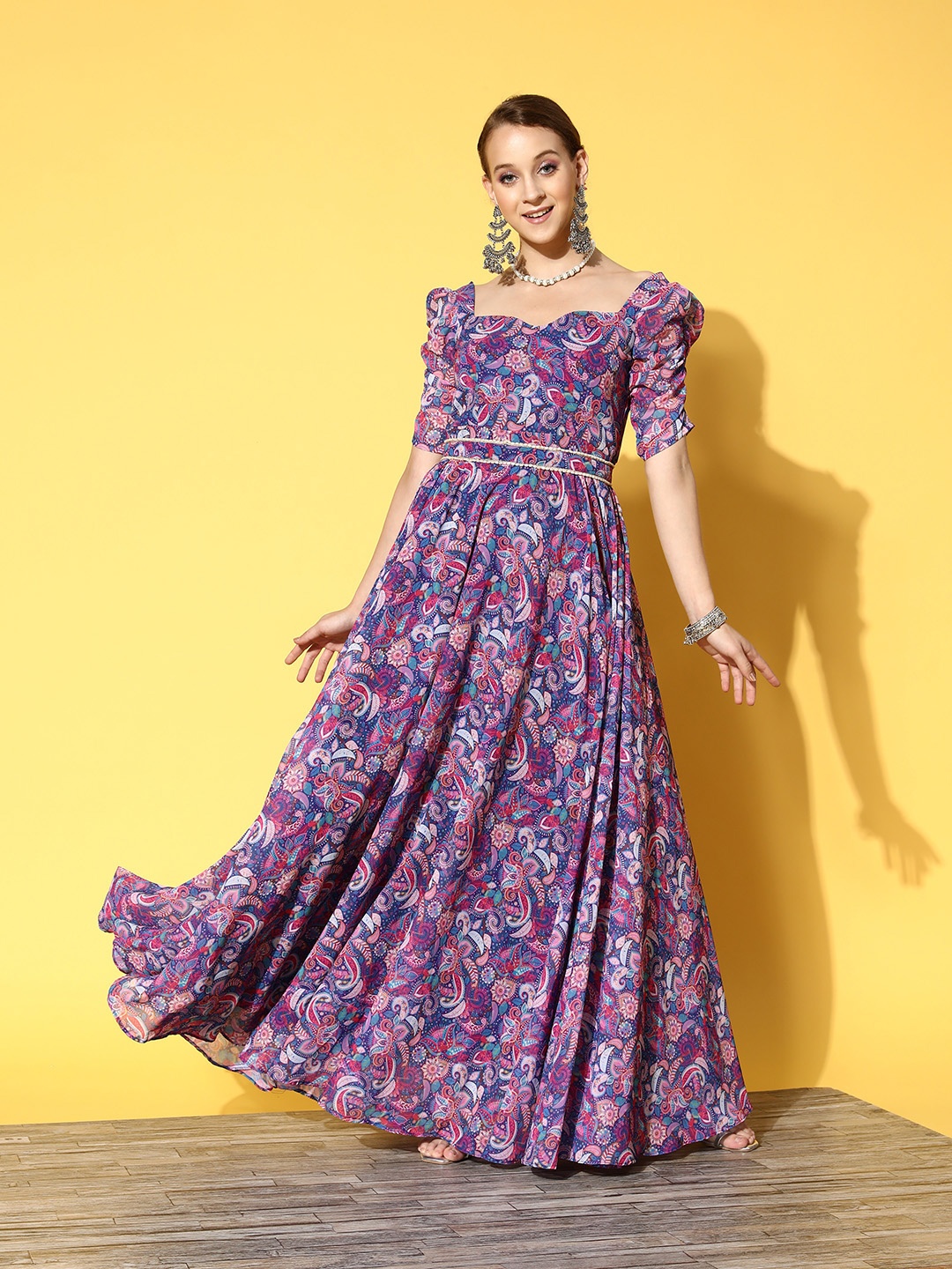 

Inddus Blue & Pink Floral Georgette Maxi Dress