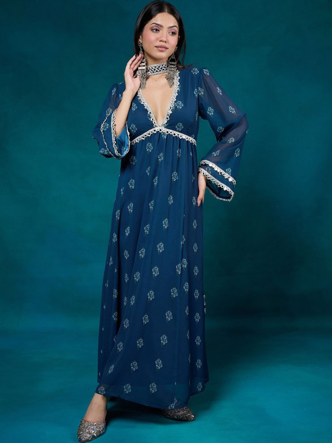 

Alaya By Stage3 Women Blue Floral Printed Mirror Work Kurta with Trousers & Dupatta