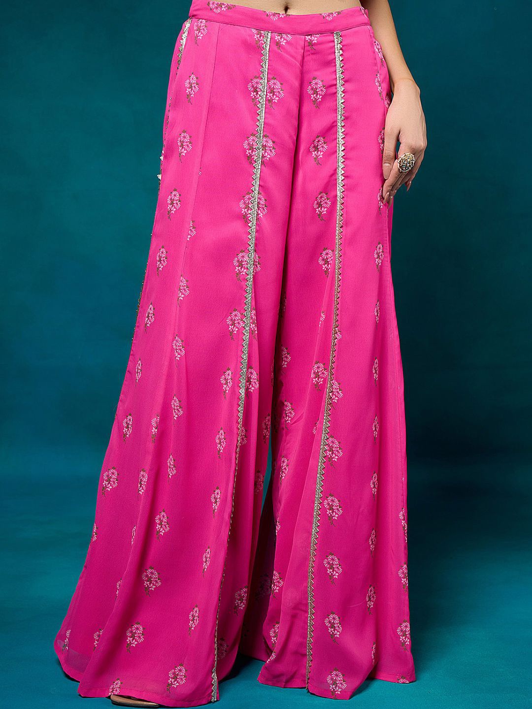 

Alaya By Stage3 Women Pink & White Floral Printed Flared Georgette Palazzos